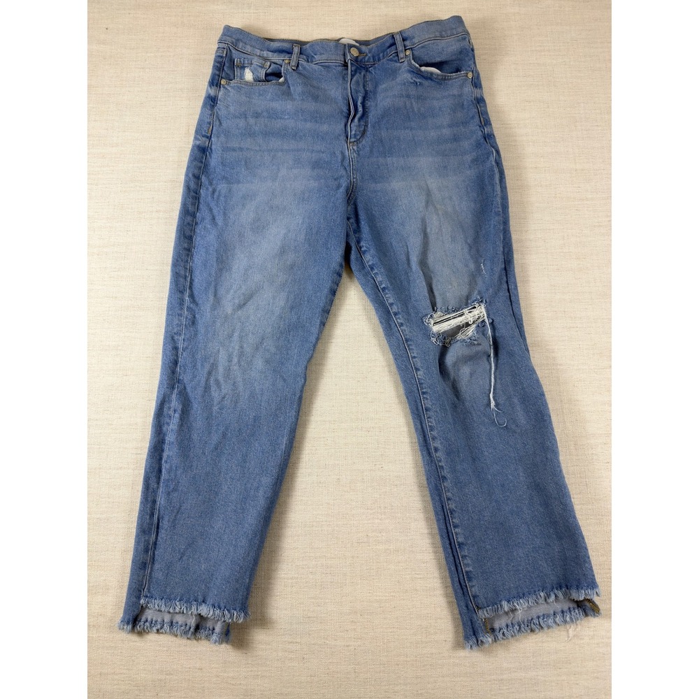 LOFT Distressed Straight Leg Jeans Medium Wash Frayed Step Hem Blue Denim